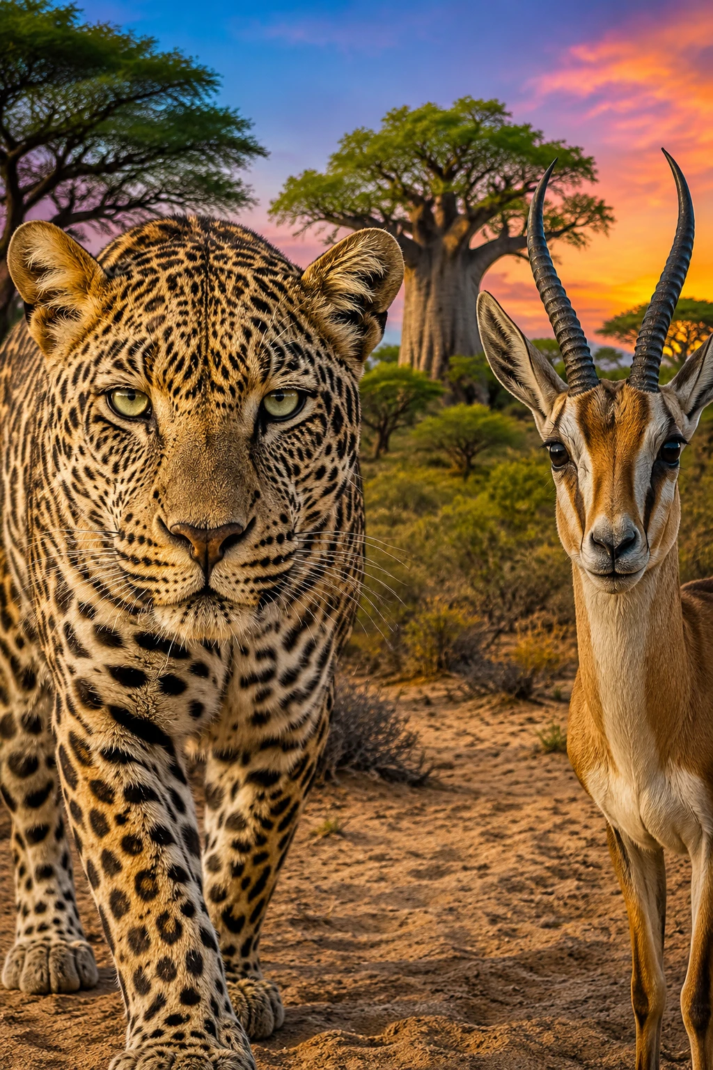 Close up leopard on desert sand with acacia trees