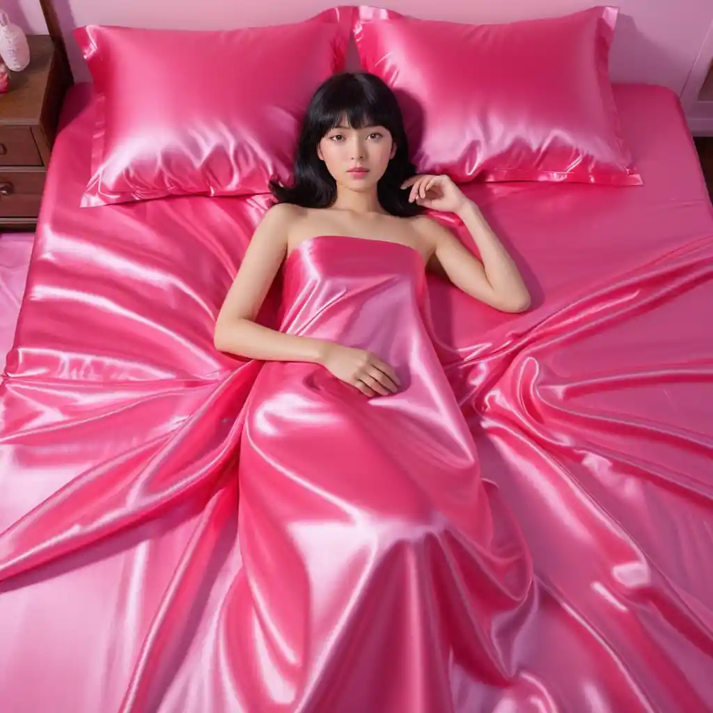 Japanese woman lying on hot pink satin bed sheets