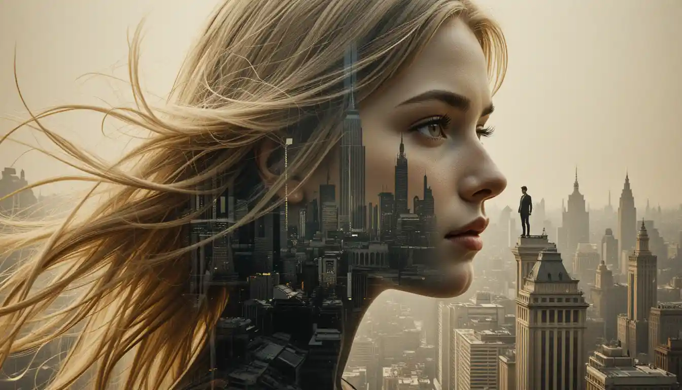 Surreal double exposure woman with futuristic city profile