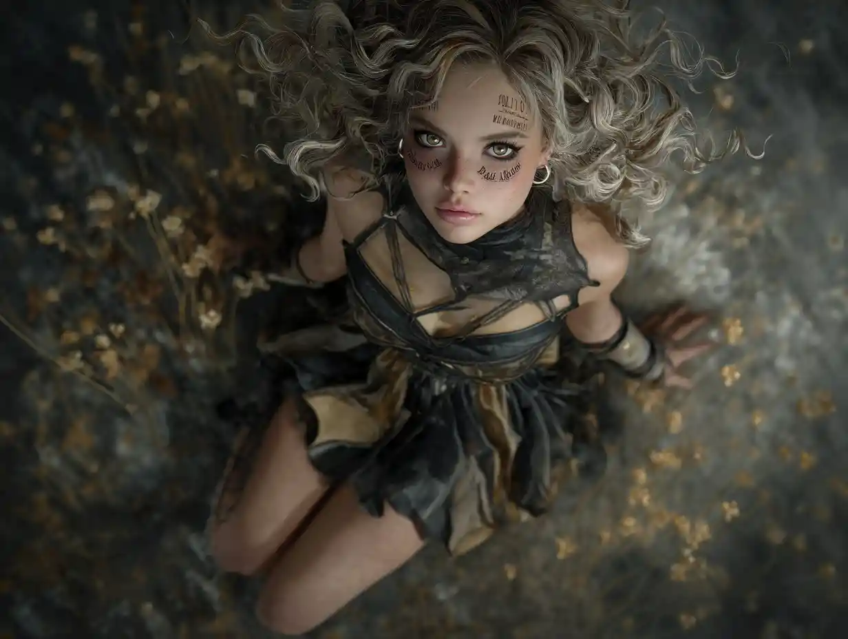 Dark fantasy woman in tattered dress on barren meadow