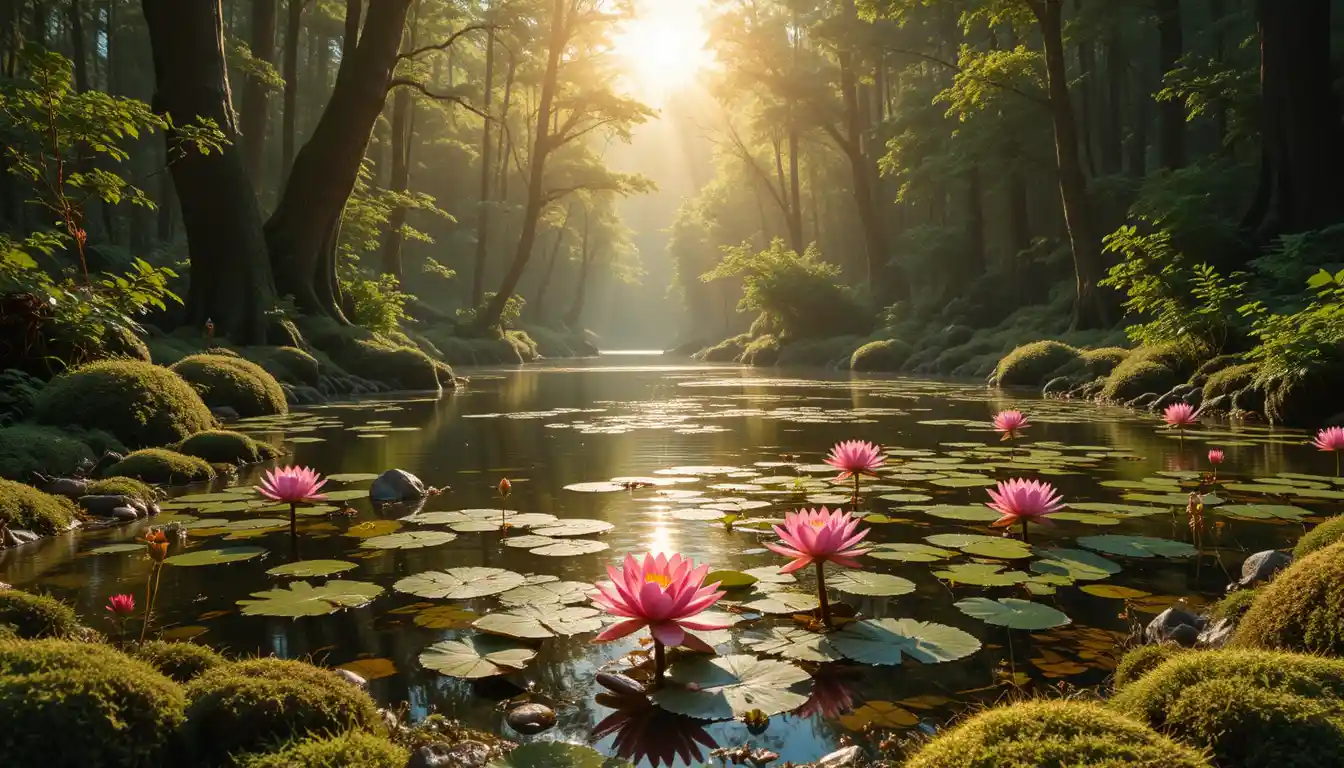 Peaceful forest pond with blooming pink water lilies