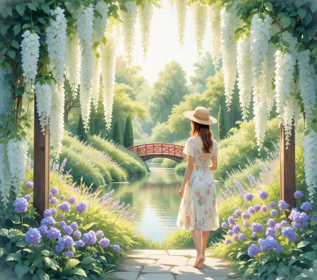 Woman in summer dress framed by white wisteria