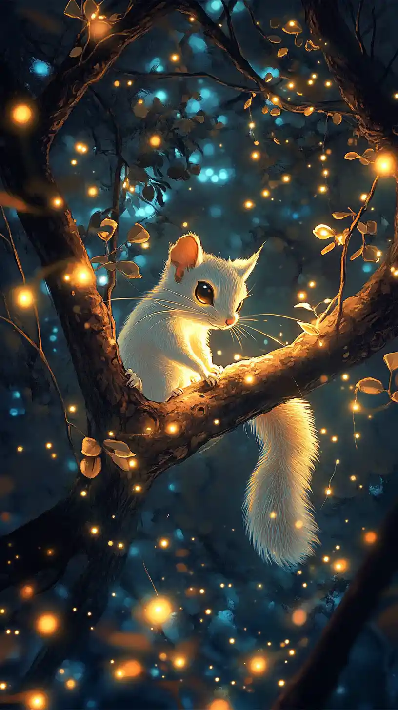 Squirrel glider soaring between glowing branches at night