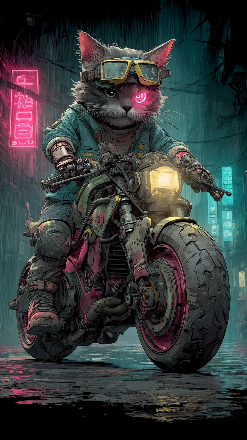 Cybernetic cat mechanic fixing a bike in neon alley
