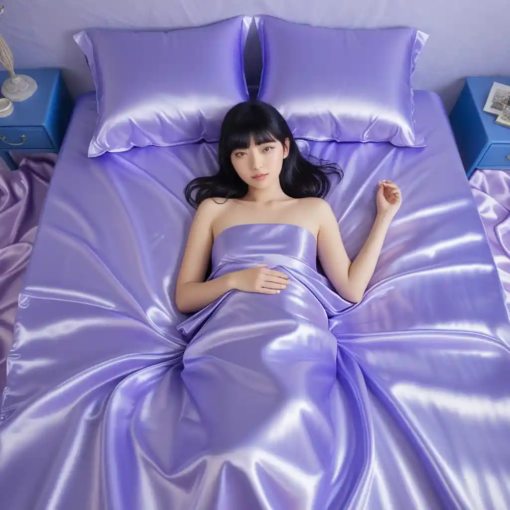 Beautiful woman lying on glossy lavender satin bed sheets