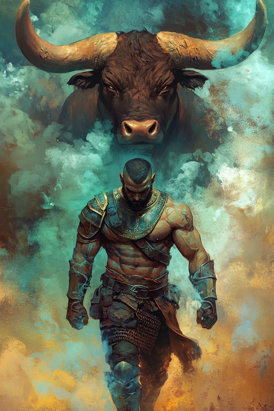 Armored warrior with bull spirit in swirling mystical smoke
