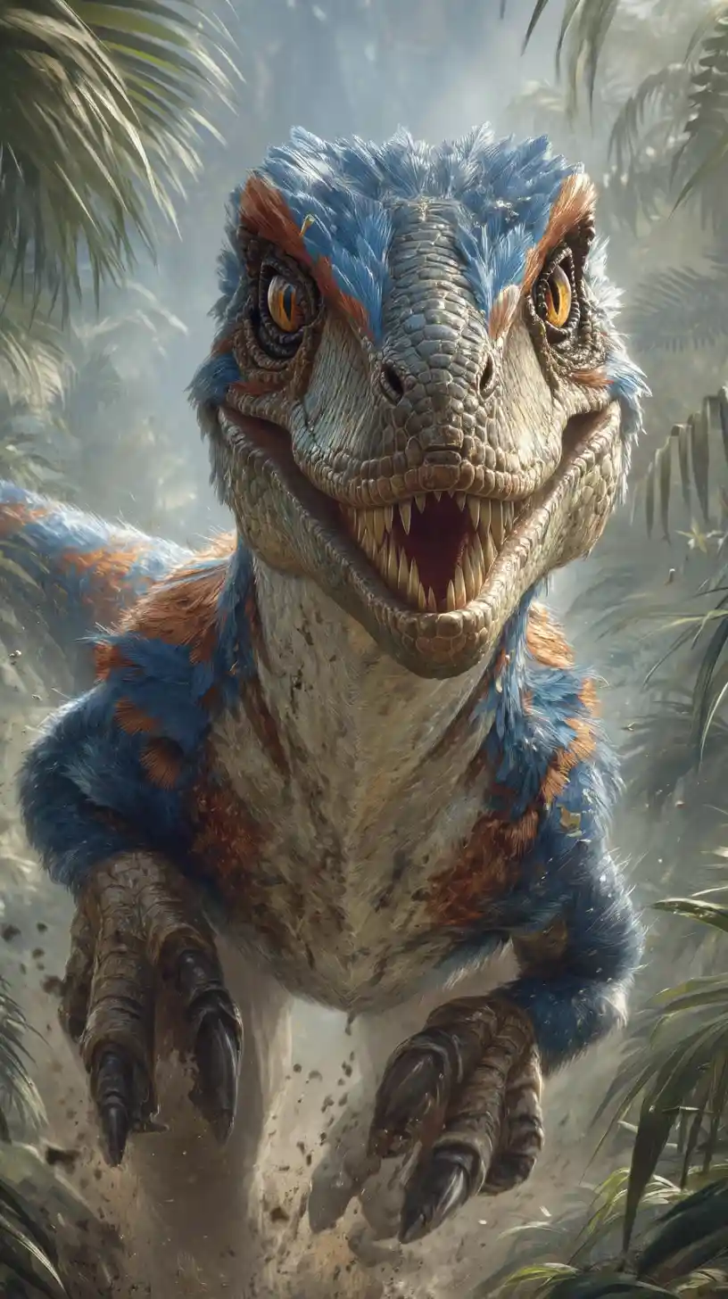 Velociraptor running through sunlit prehistoric fern forest