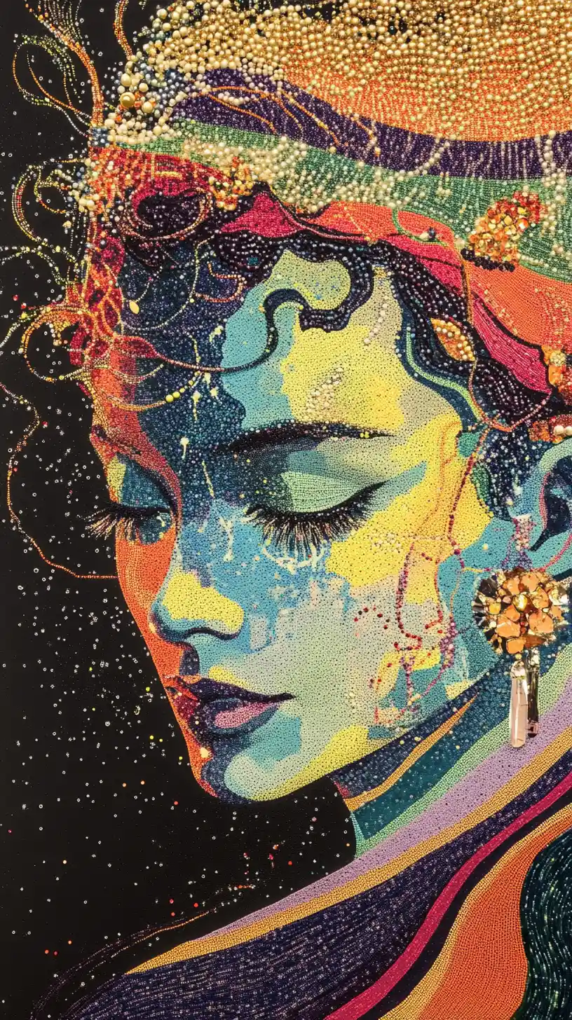 Pointillist portrait of a woman in a colorful glass oval