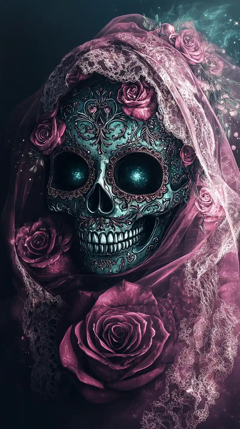 Sugar skull wrapped in flowing silk and lace veil