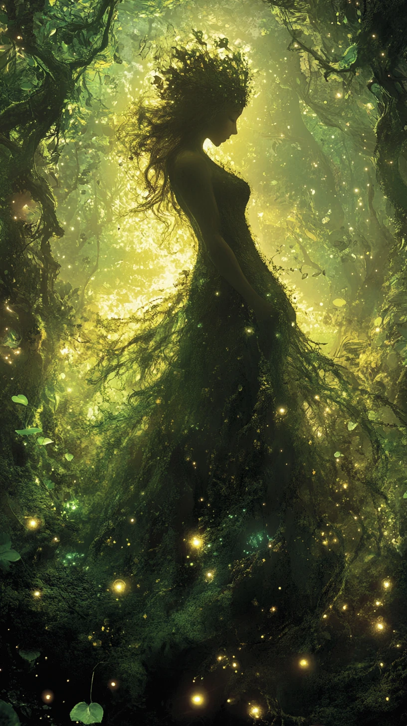 Mystical forest queen formed by an ethereal double exposure
