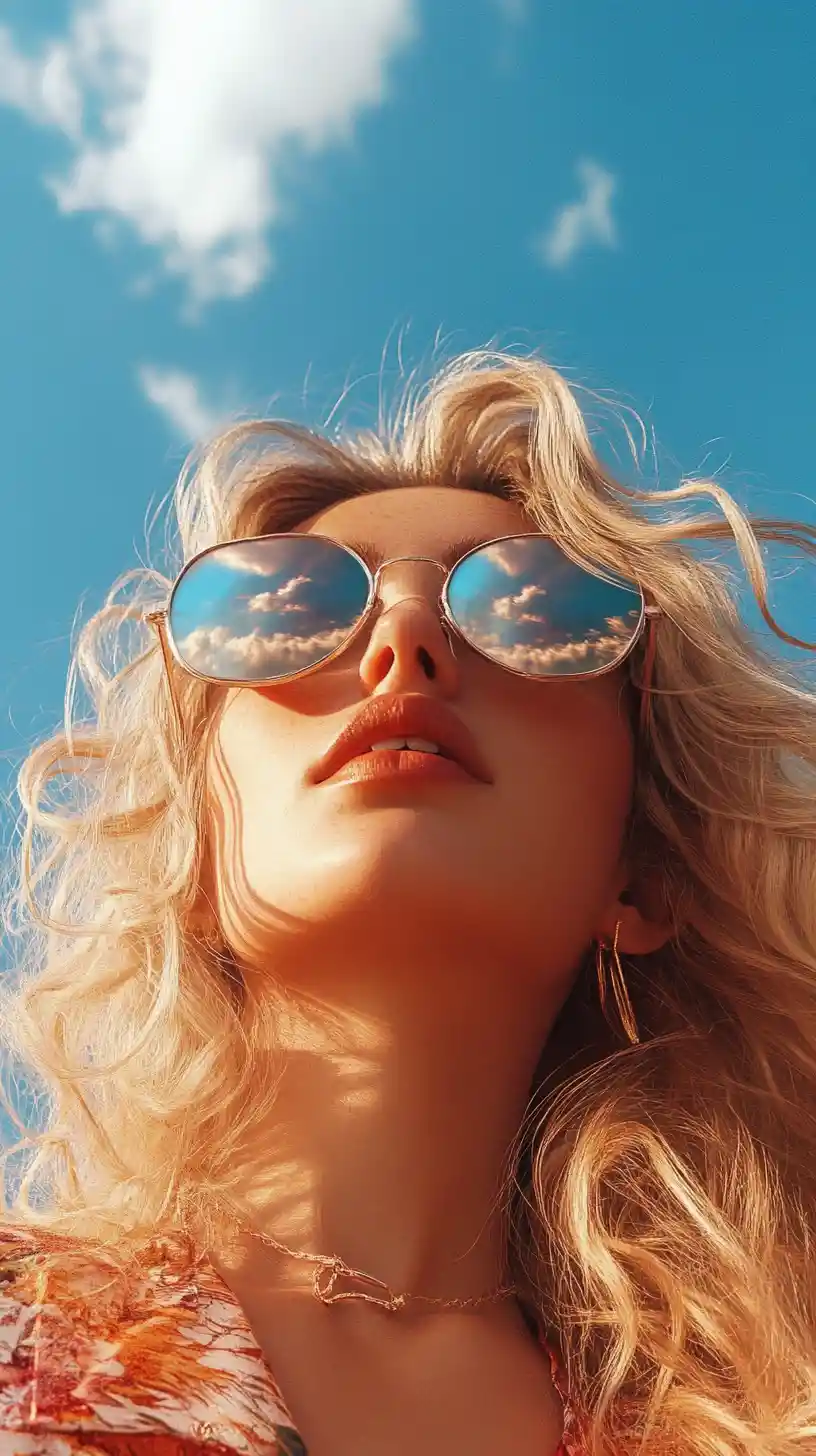 Dreamy close up of woman in gold aviator sunglasses
