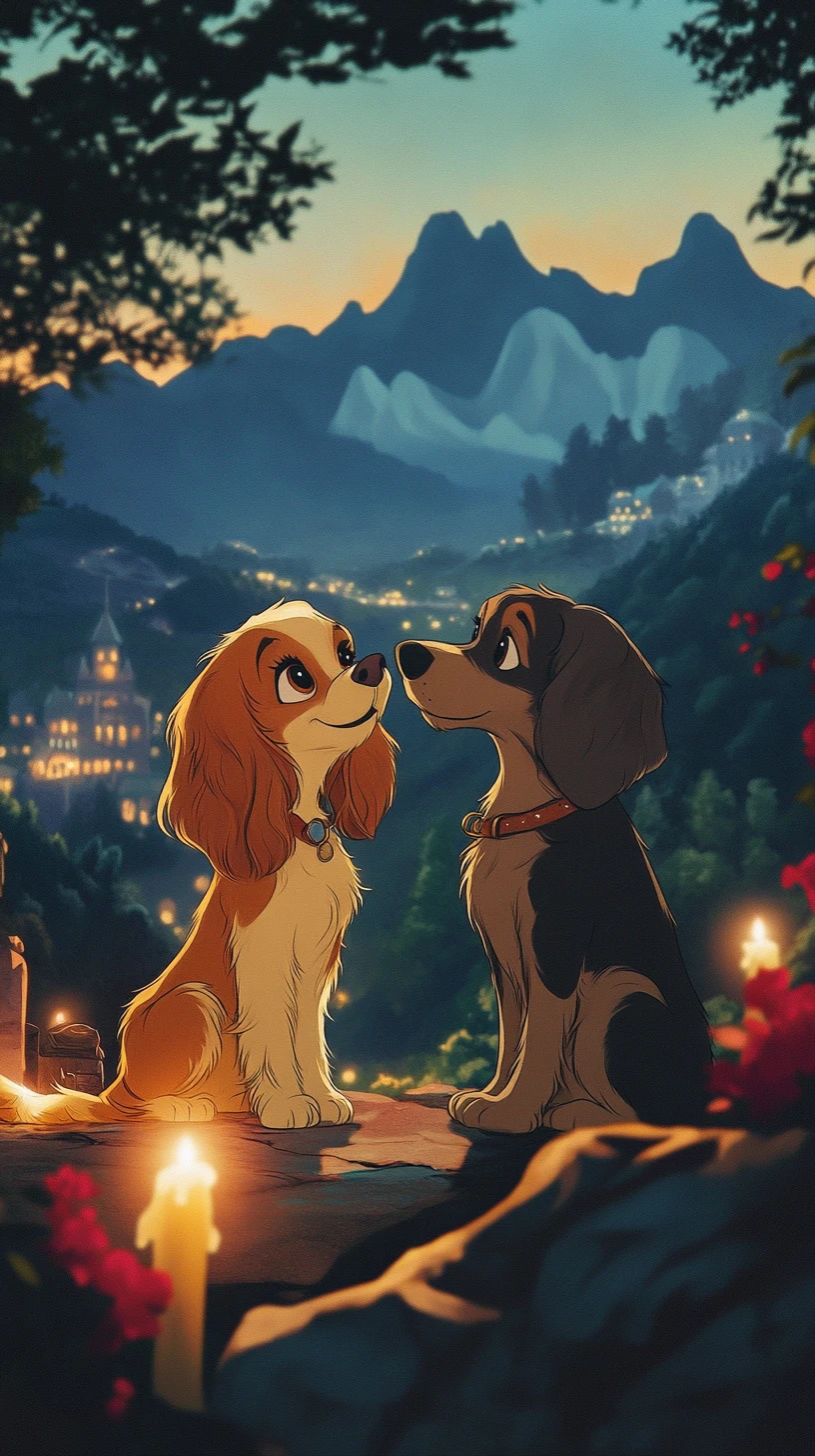Pareja de perros romántica en ilustración de montaña a la luz de las velas