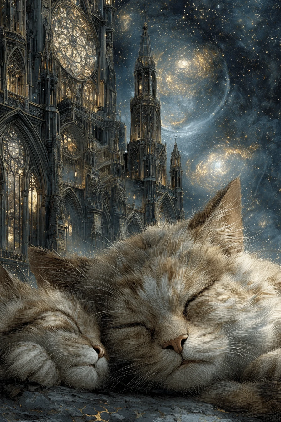 Celestial cats sleeping on a gothic cathedral in space