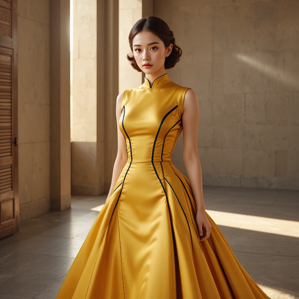 Donna coreana con abito giallo strutturato New Look in studio