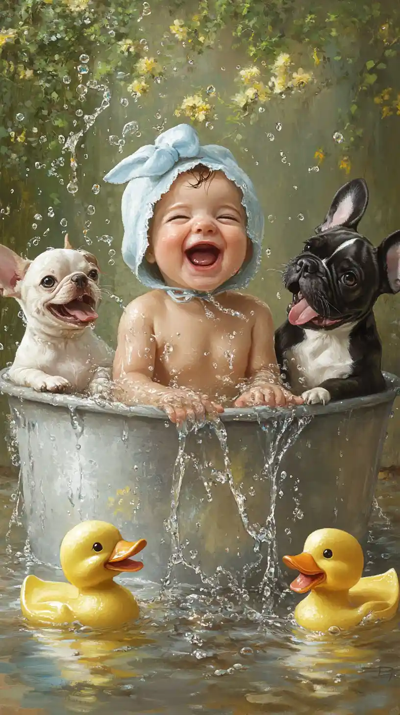 Laughing baby in tub with playful french bulldogs
