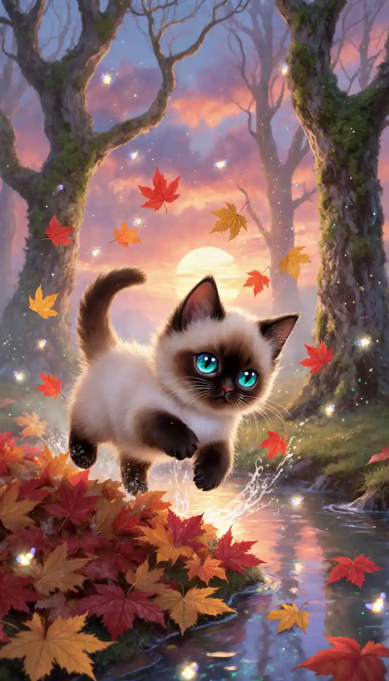 Gattino siamese chibi che gioca tra magiche foglie autunnali