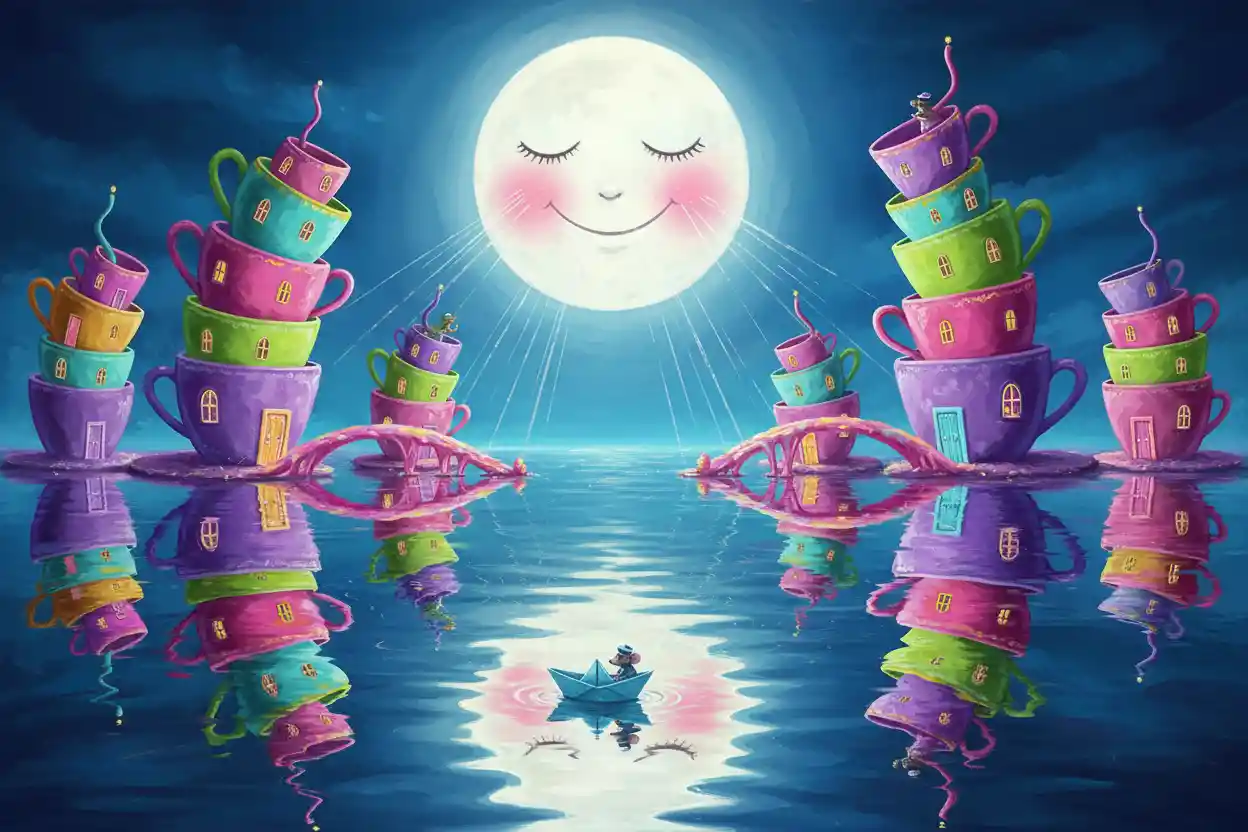 Luna sorridente sopra il lago di mercurio in una città fantasy al neon