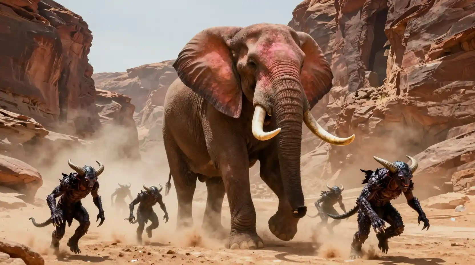 Colossal war elephant charging through a dusty desert canyon