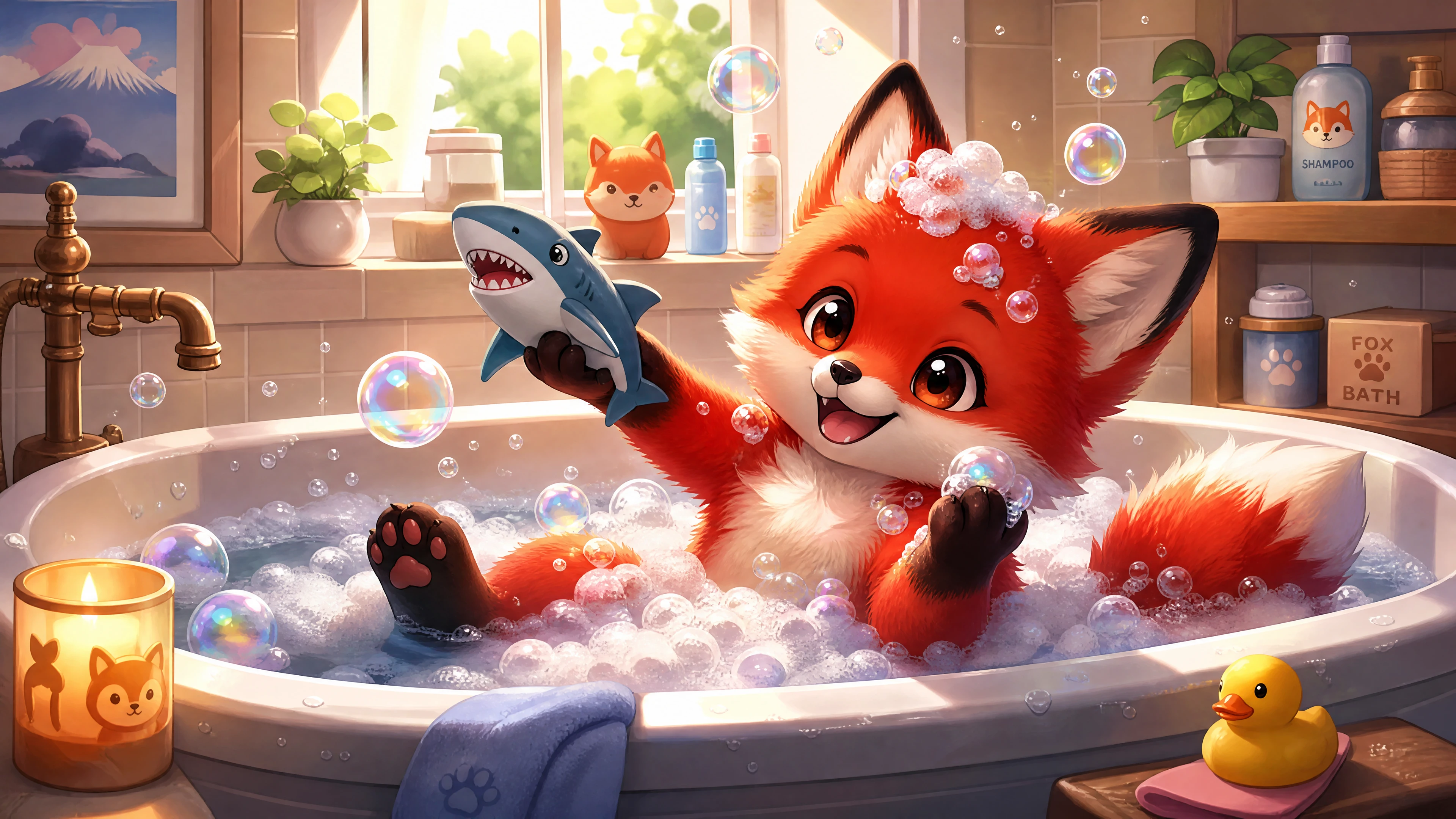 Adorable red fox cub relaxing in a bubble bath