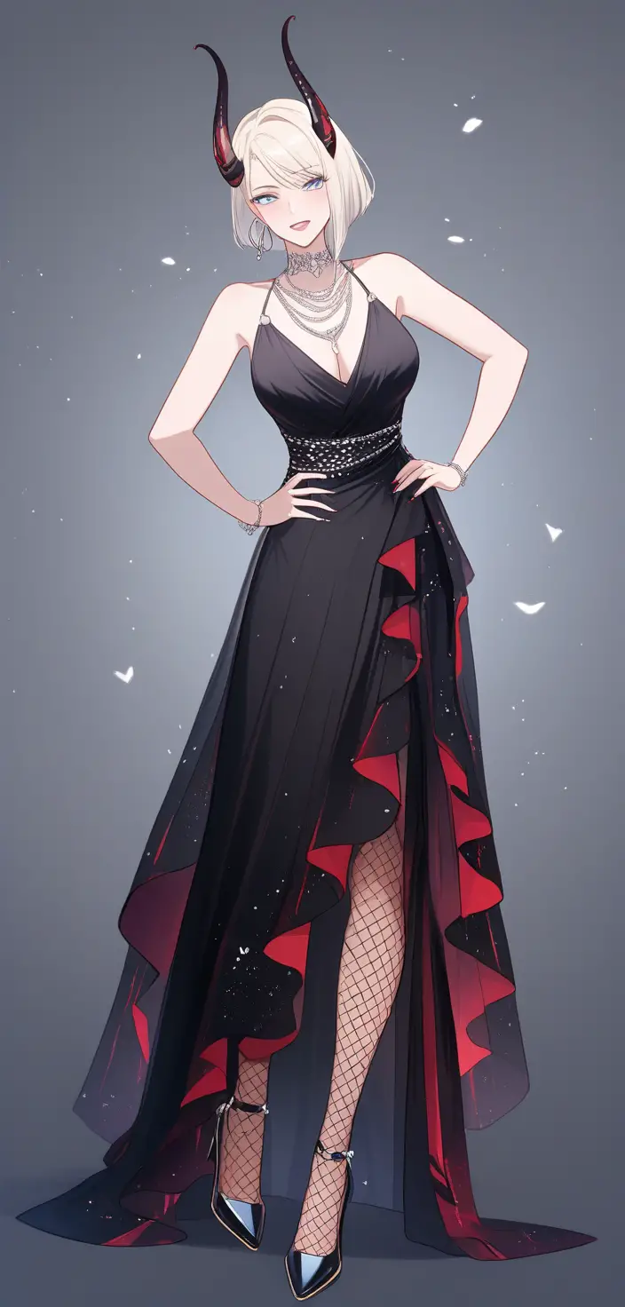 黒いイブニングドレスでポーズを取るゴシックなティーフリングの女性