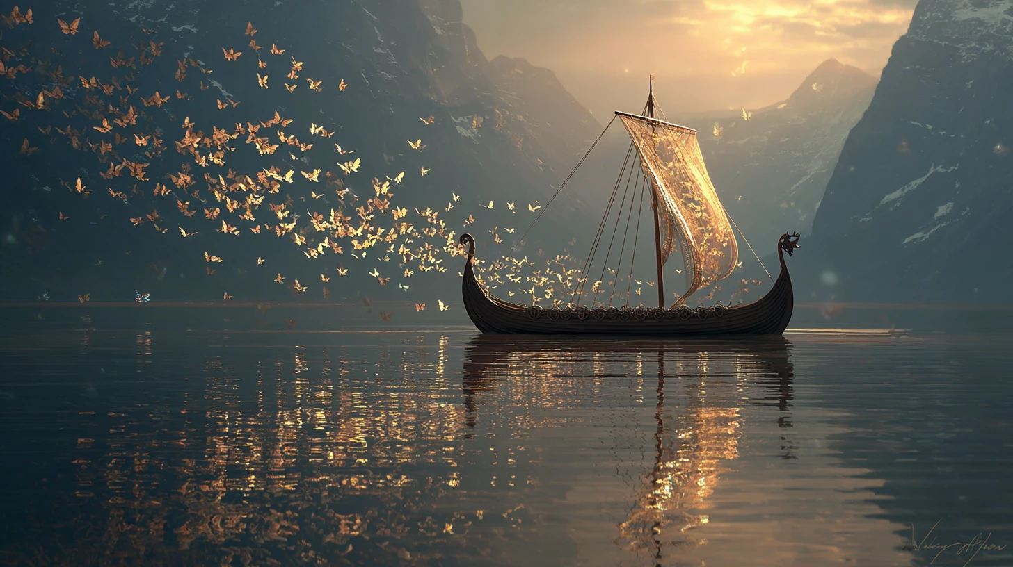 Glittering Viking longship on a calm sunrise lake