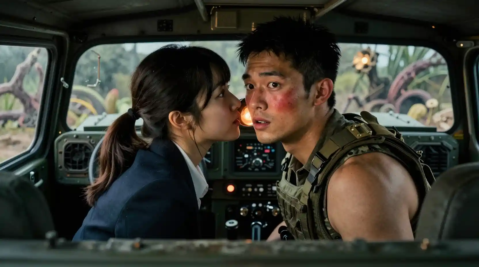 Close up of woman whispering to soldier in humvee
