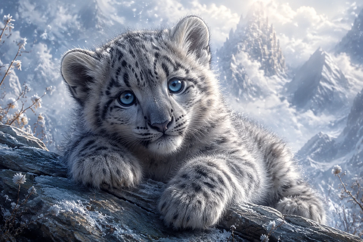 Snow leopard cub resting on a misty mountain ledge