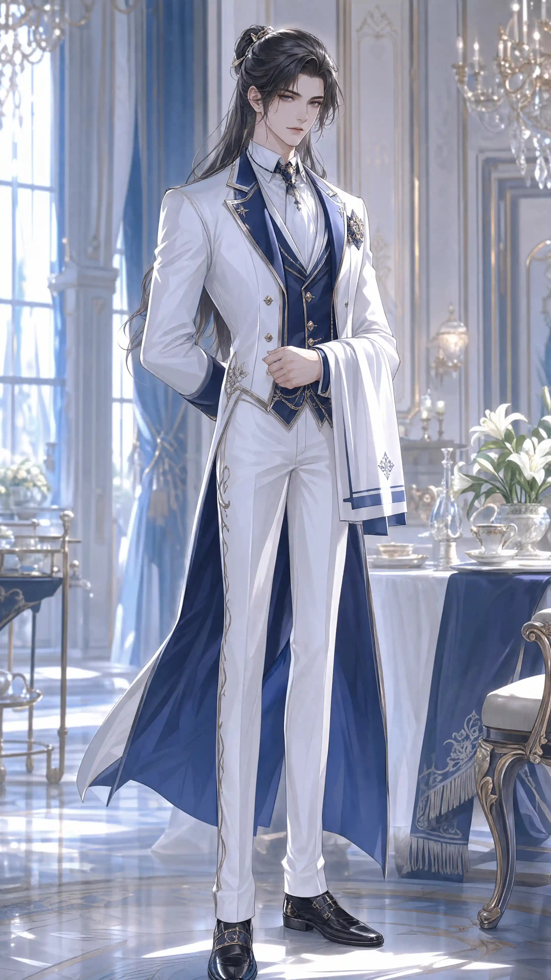 Elegant anime waiter in white and blue formal uniform