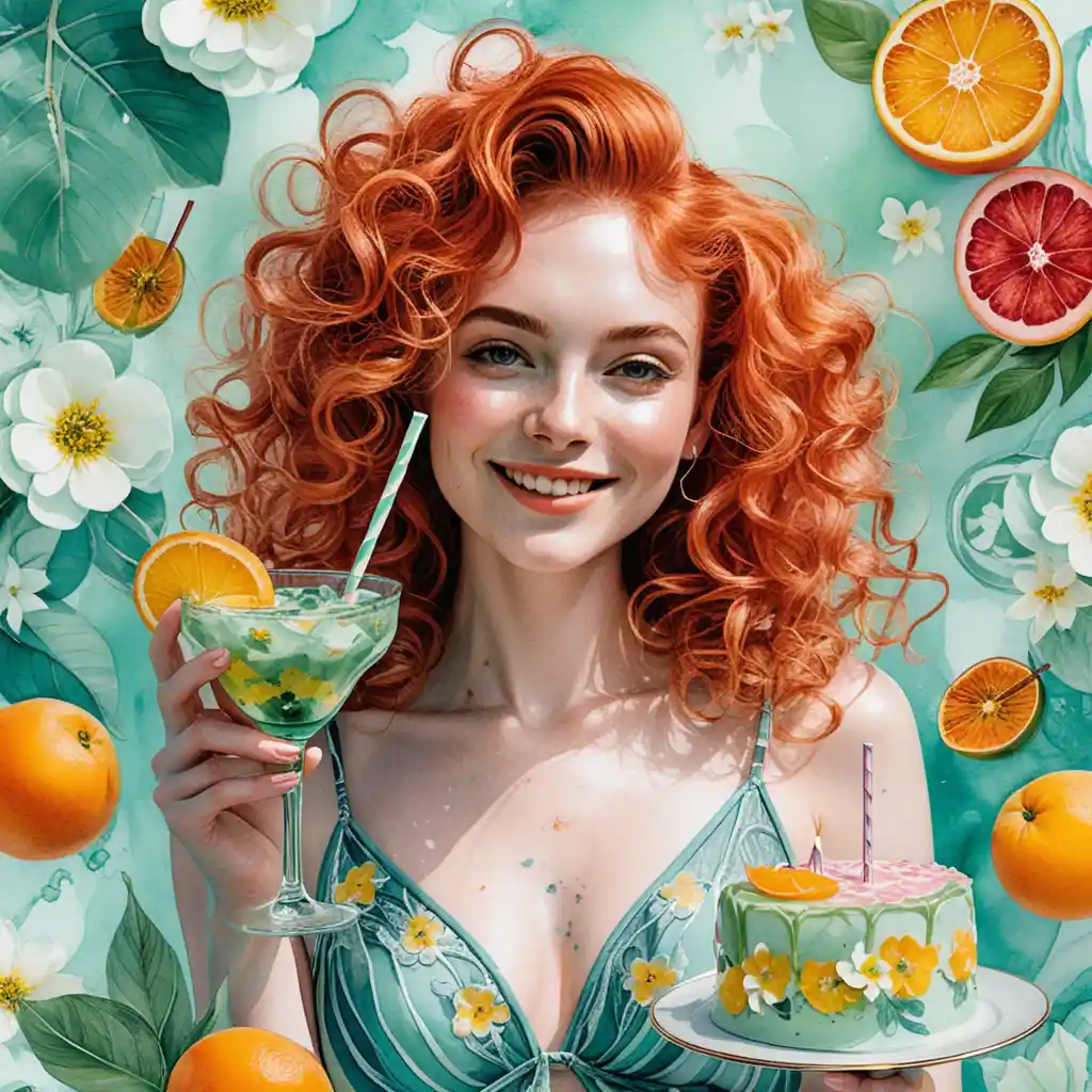 Smiling woman with spring flowers and cocktail in hand