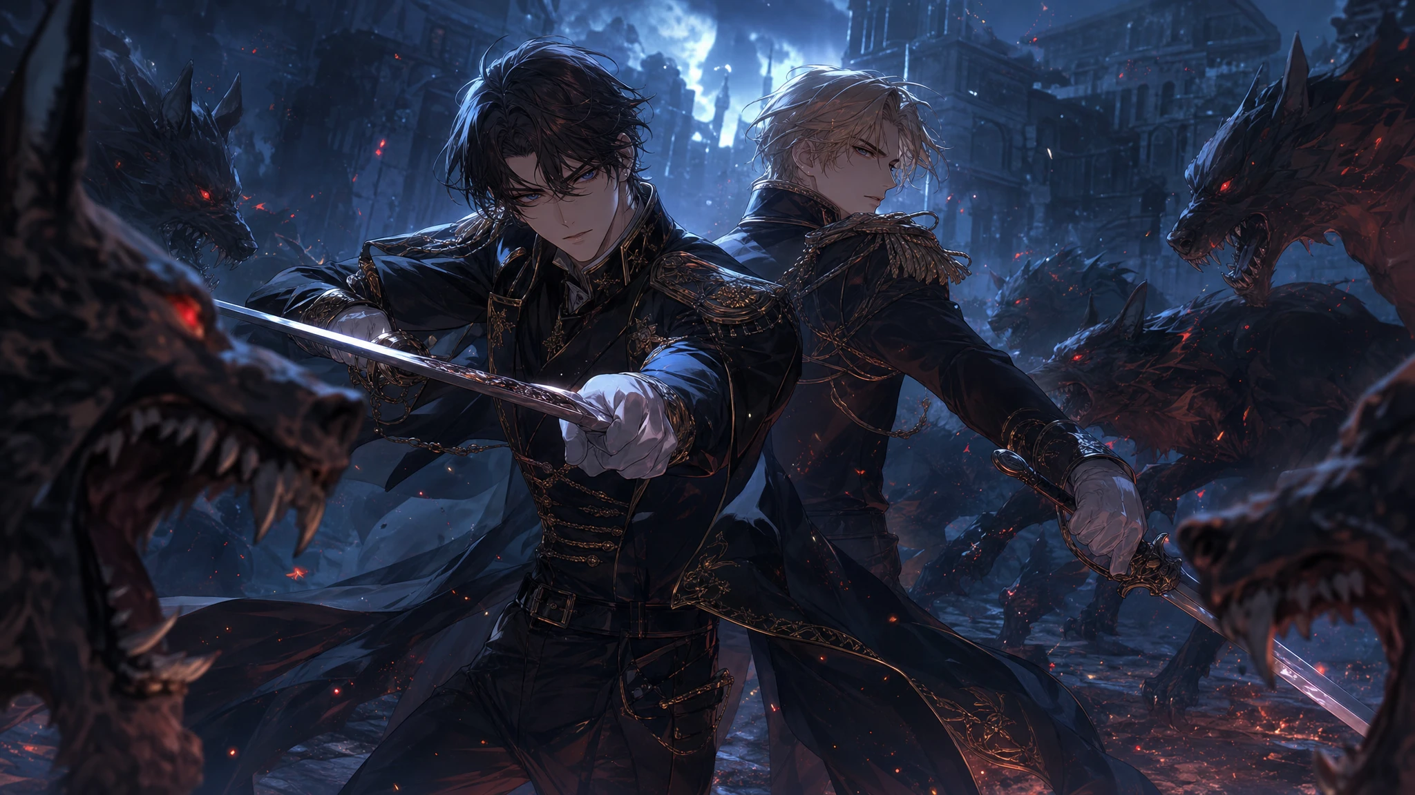 Anime officers fighting demonic wolves back to back with swords