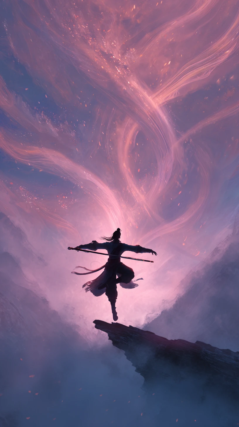 Cultivator Flying On A Sword Through Mystic Clouded Sky