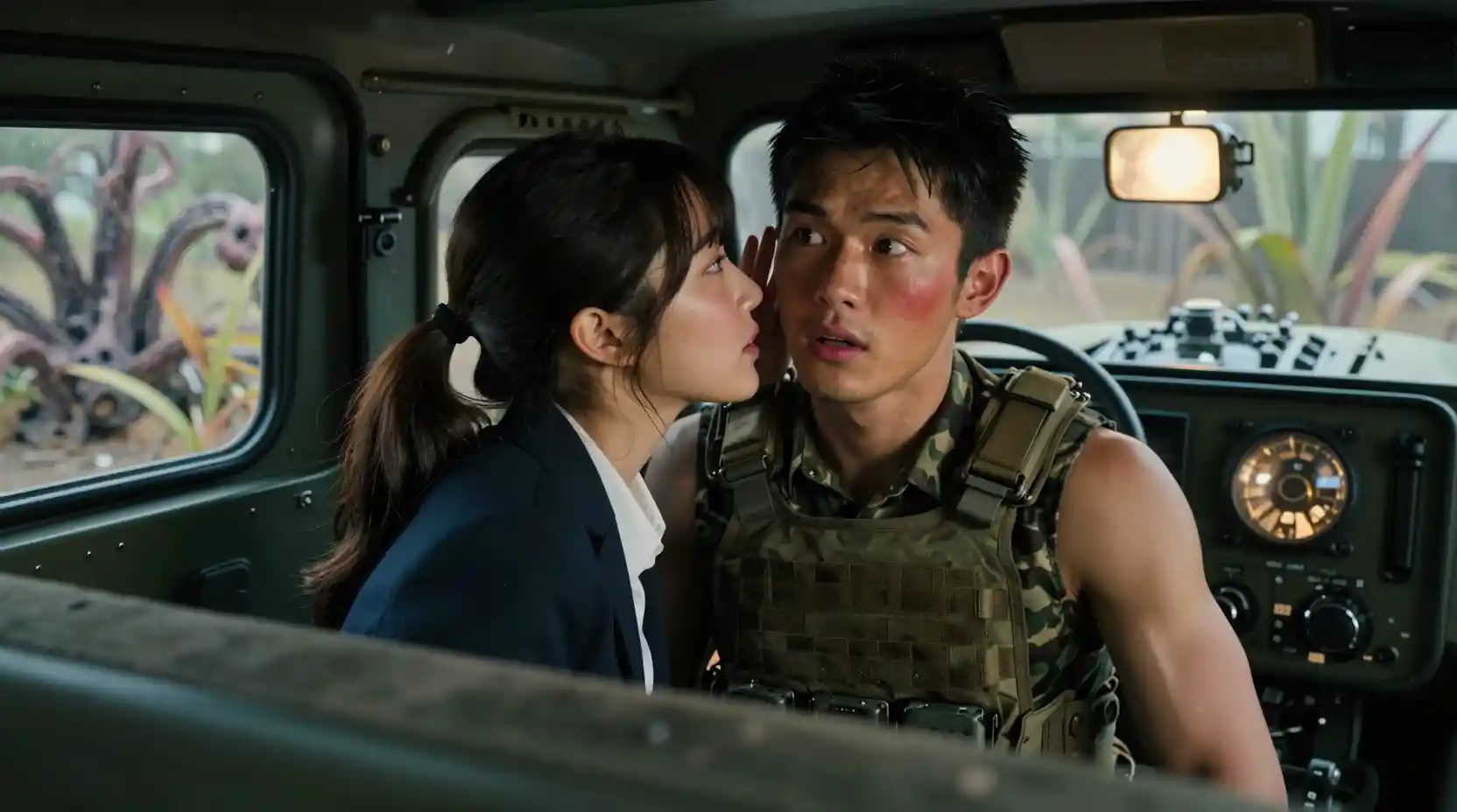 Woman whispering to soldier in cramped humvee backseat