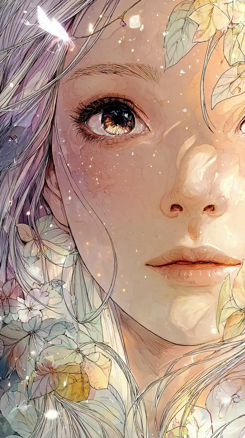 Celestial maiden close up with starlit constellation eyes