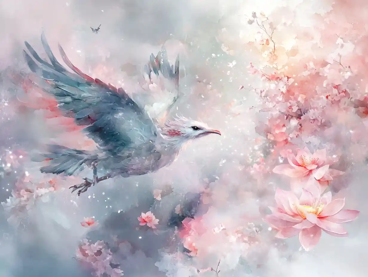 Ethereal griffin soaring through a pastel crystal dreamscape