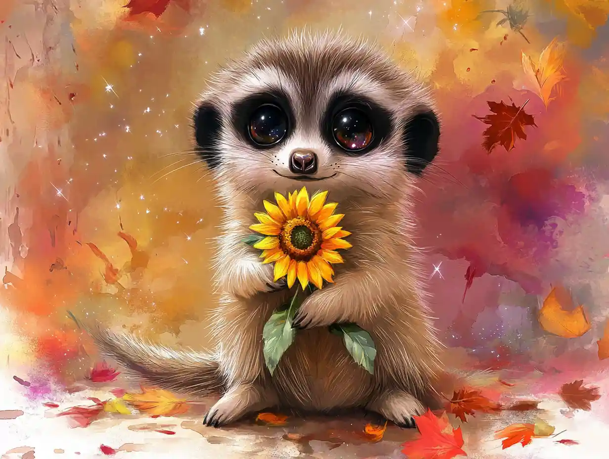 Cute Baby Meerkat Holding Sunflower In Autumn Watercolor