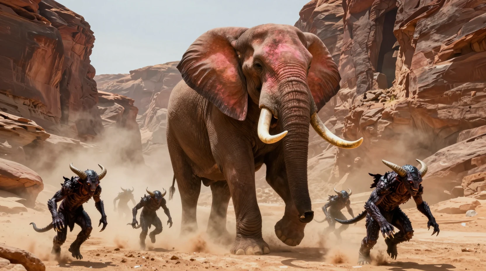 Colossal war elephant charging through a dusty desert canyon