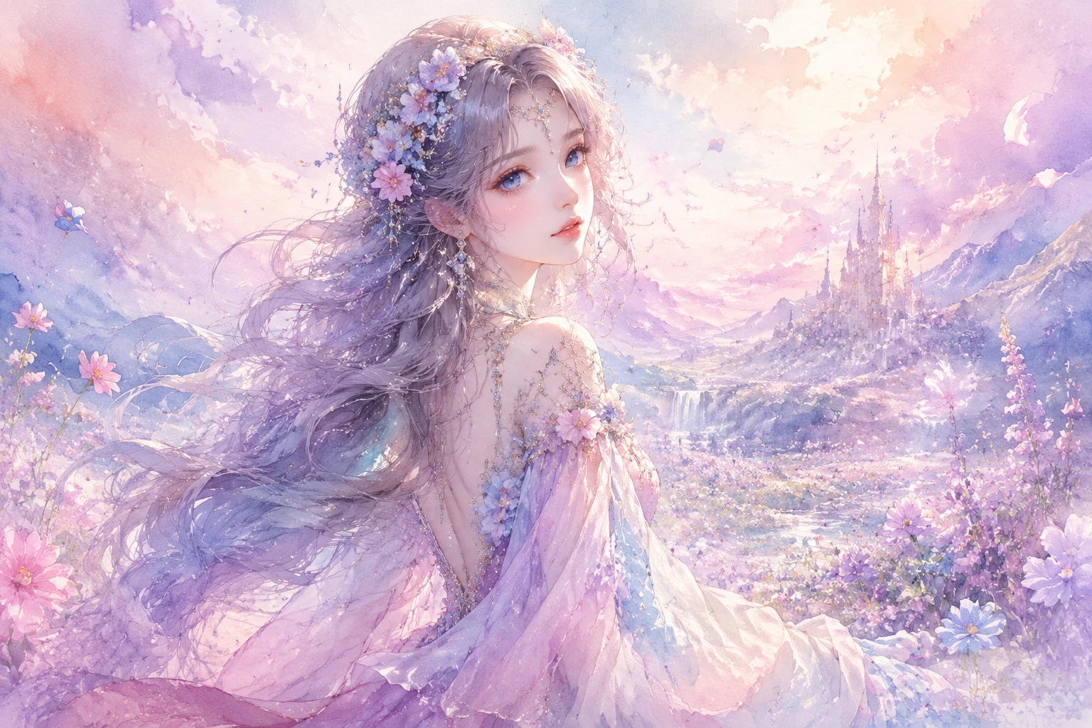 Ethereal woman with lavender hair in a dreamy meadow