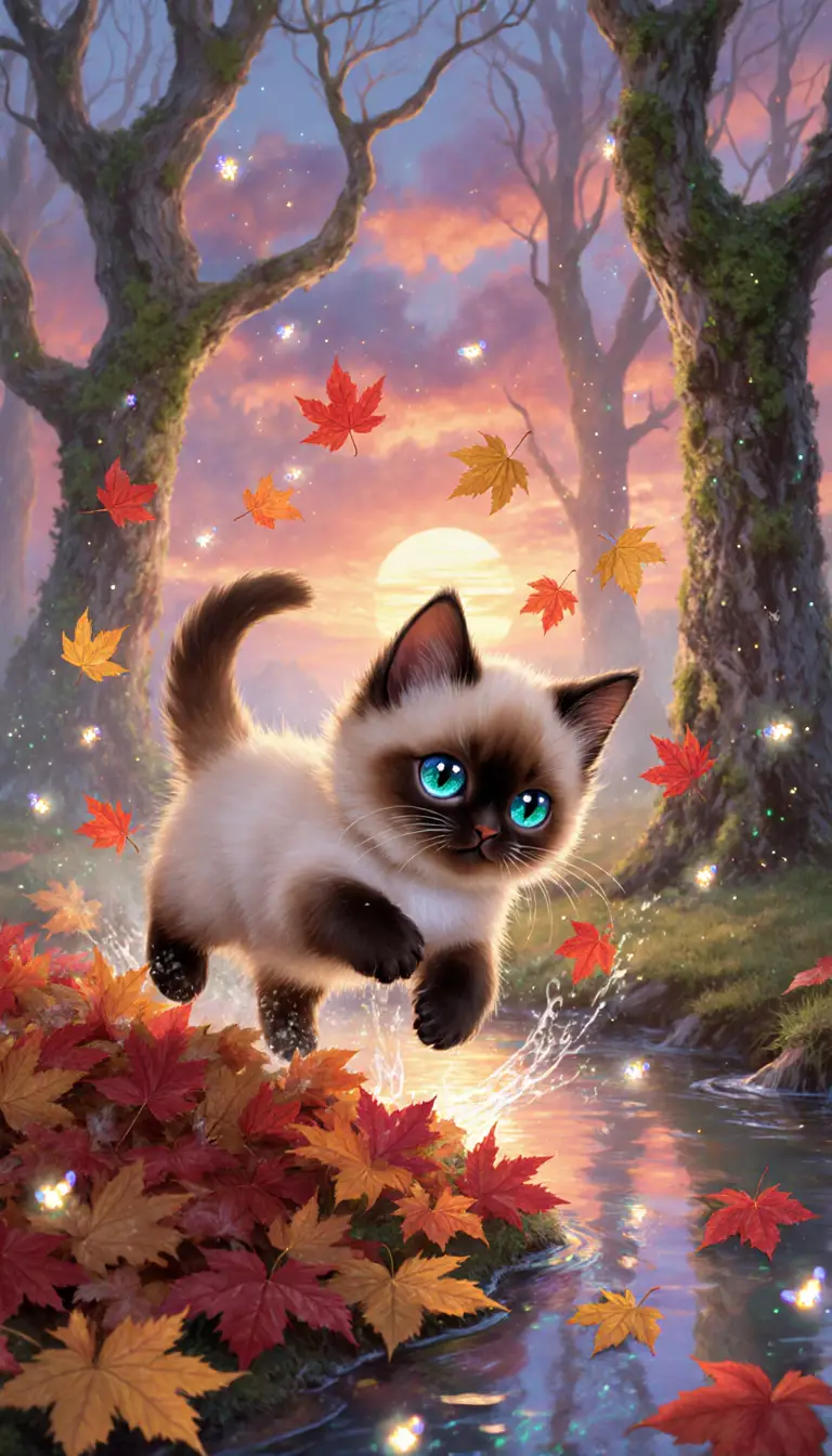 Chibi siamese kitten playing in magical autumn leaves