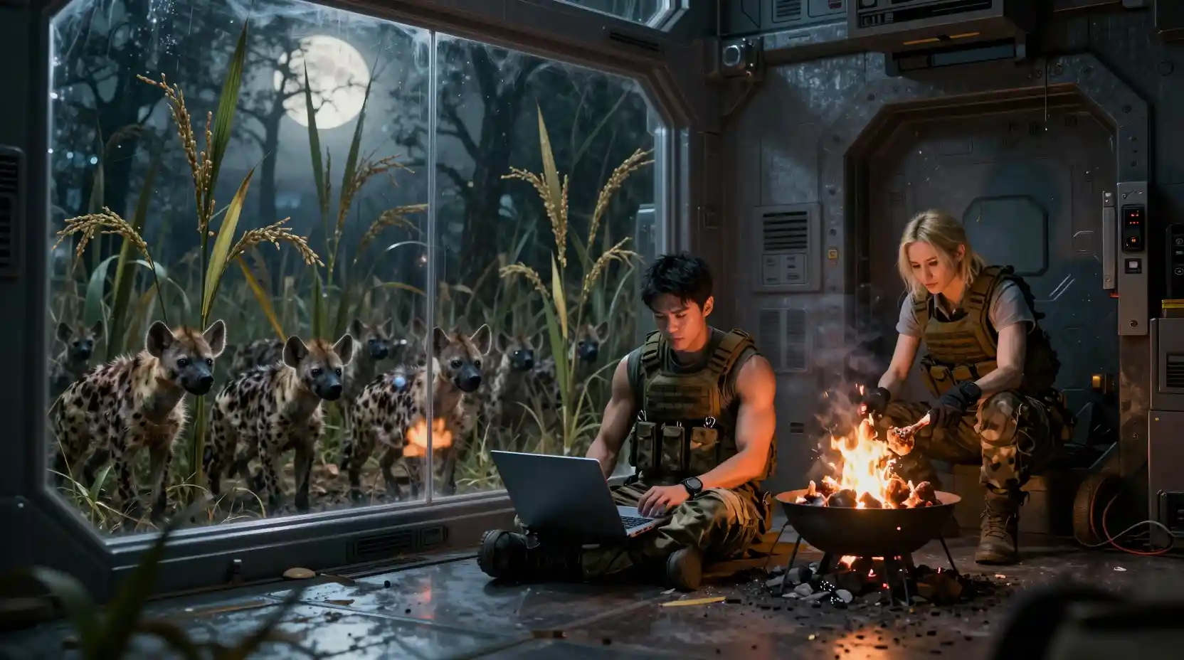 Soldier with laptop inside futuristic moonlit fortress