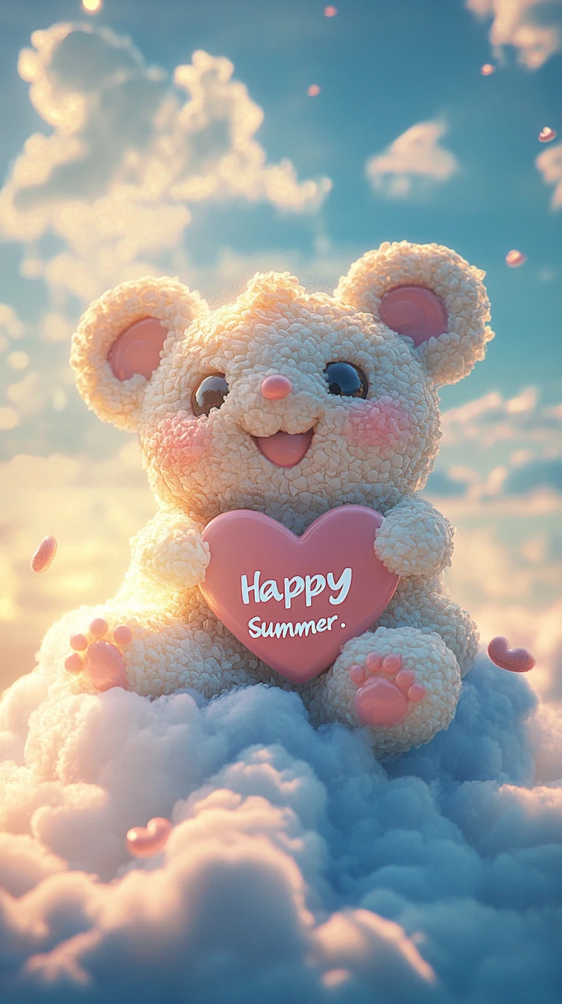 Cute plush hamster on a cloud with happy summer sign