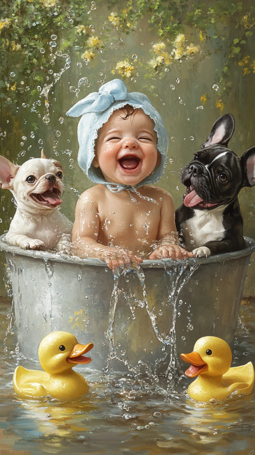 Laughing baby in tub with playful french bulldogs