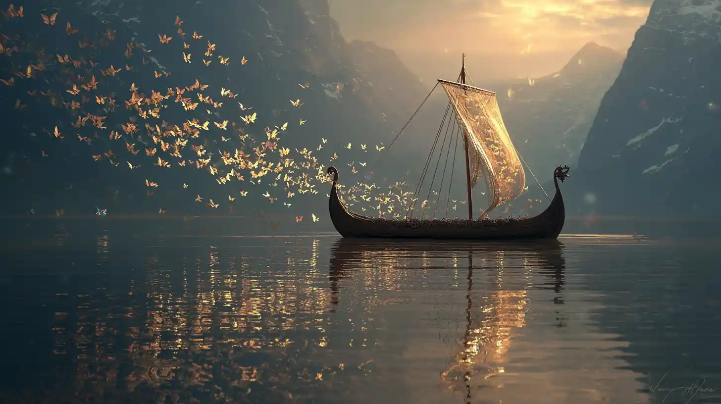 Glittering Viking longship on a calm sunrise lake