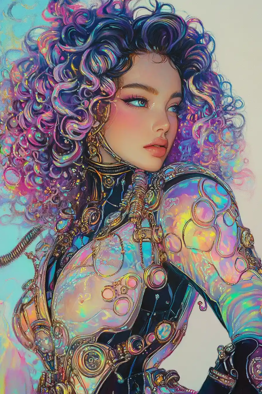 Surreal portrait of a pastel steampunk maiden in color