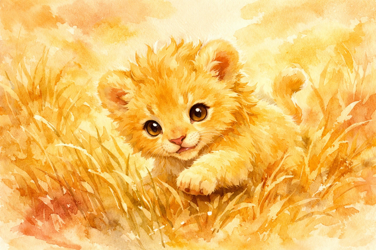 Watercolor lion cub playing in tall golden savanna grass