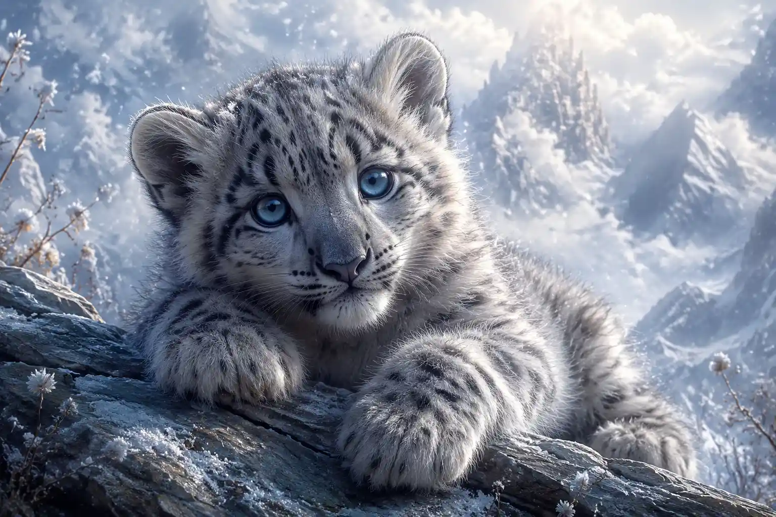 Snow leopard cub resting on a misty mountain ledge