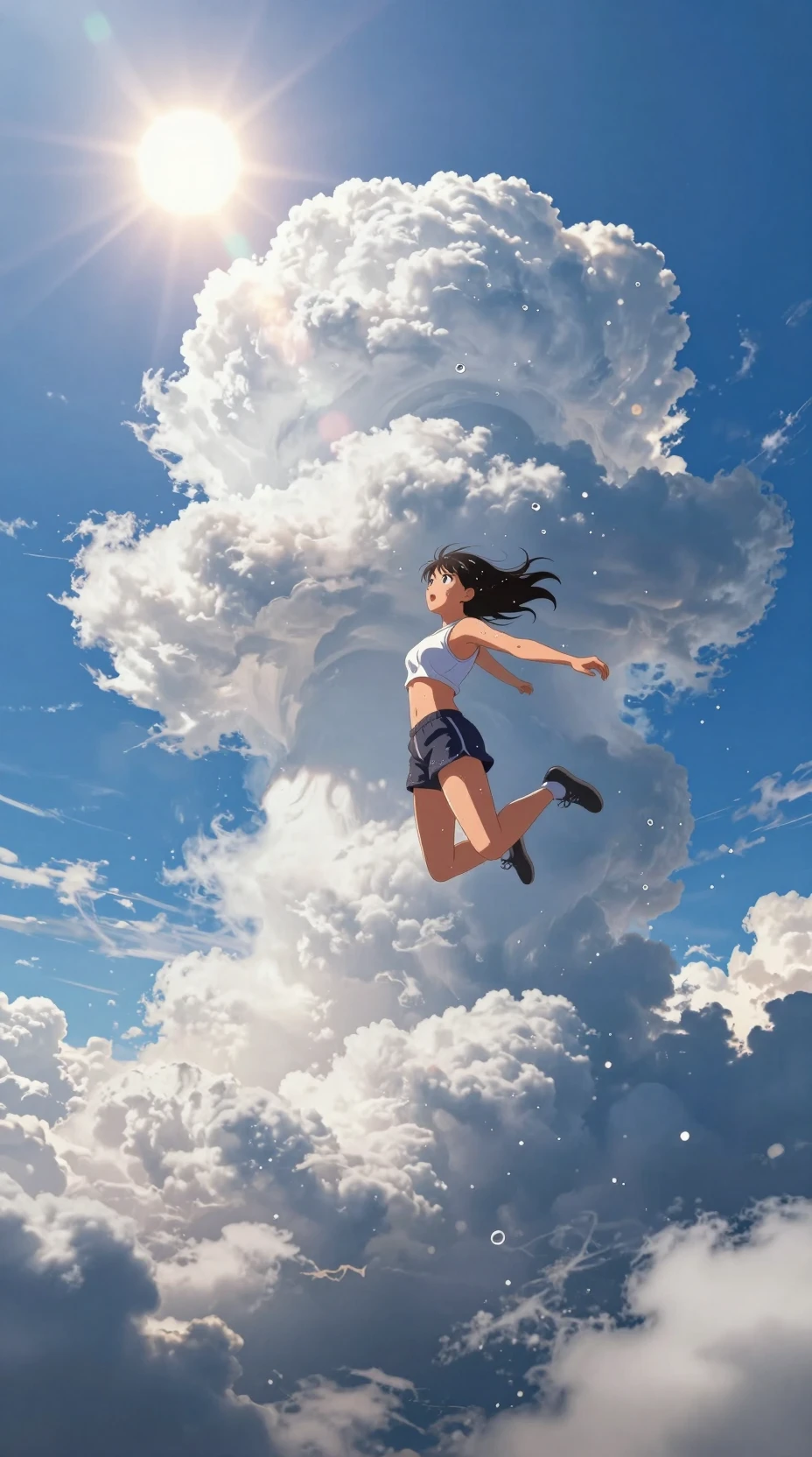 巨大な夏の入道雲を跳び越えるアニメ少女