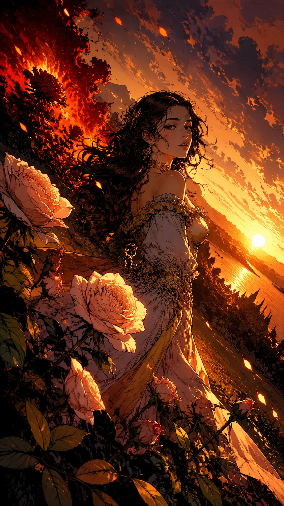 Golden flowers swaying softly at romantic sunset