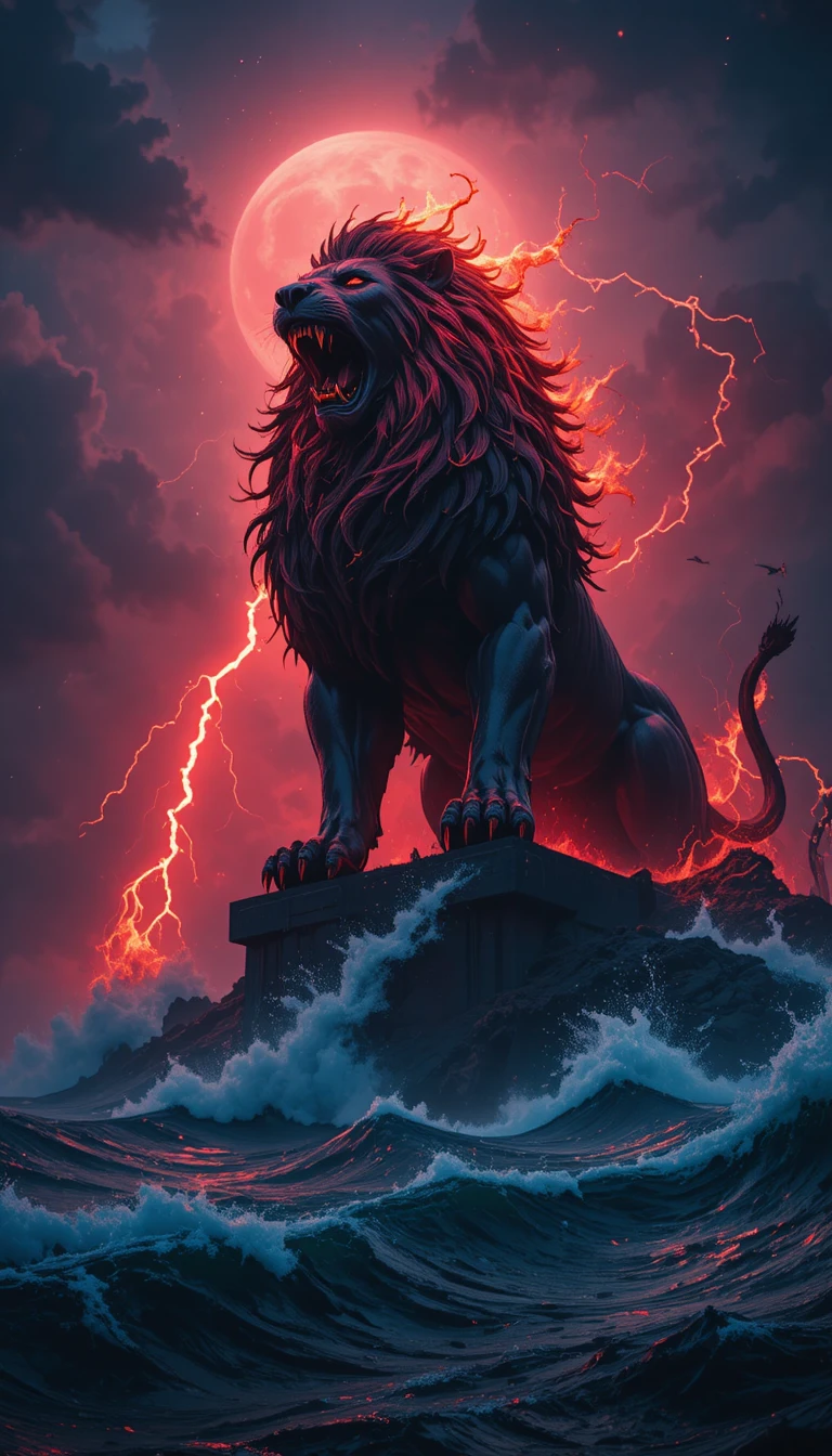 Gigantic fiery lion statue above a stormy dark ocean