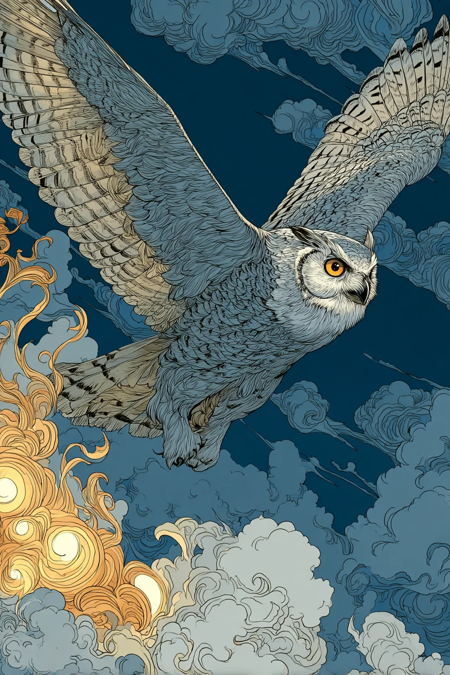 Búho volando y planeando sobre un cielo azul despejado