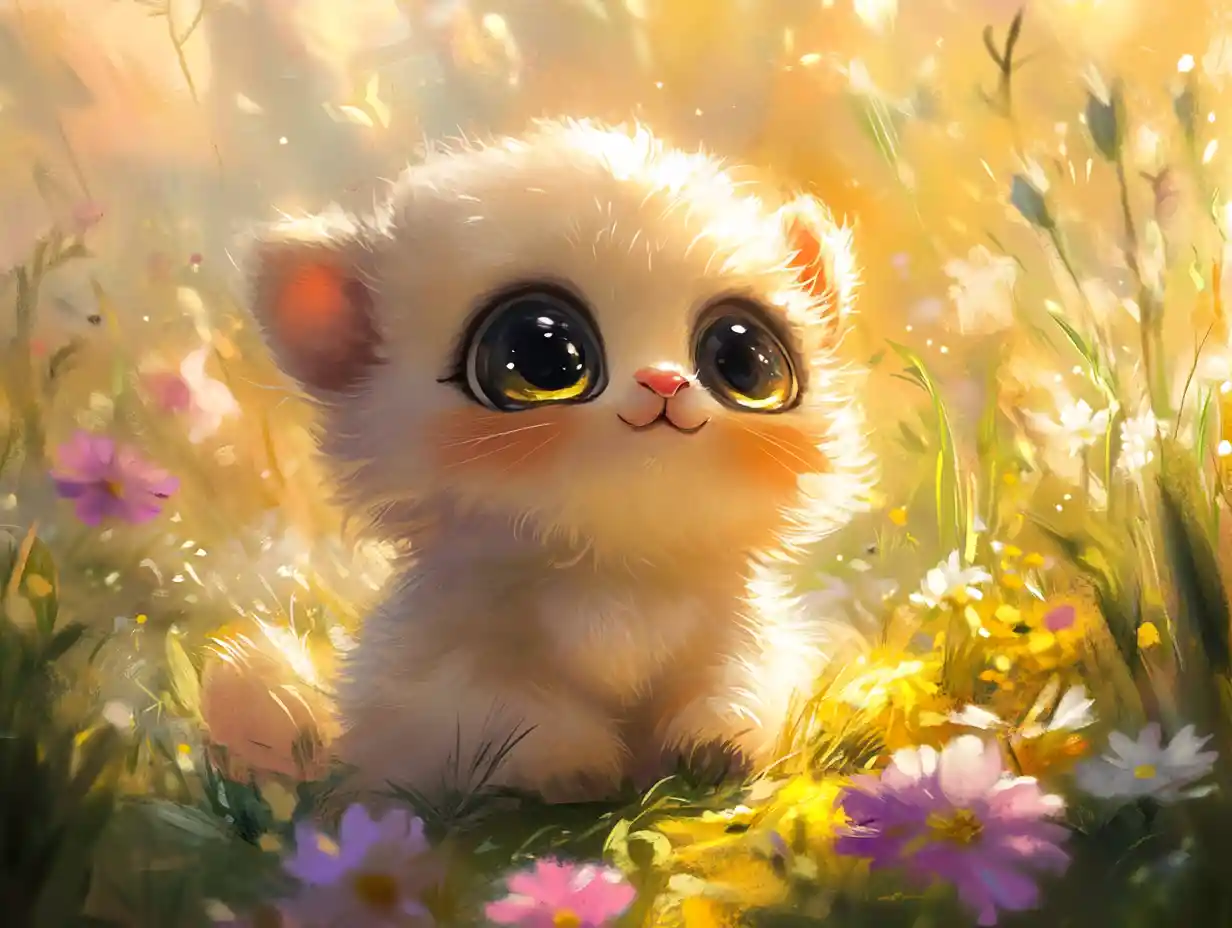 Süßes Tierbaby in sonniger Blumenwiese – Illustration